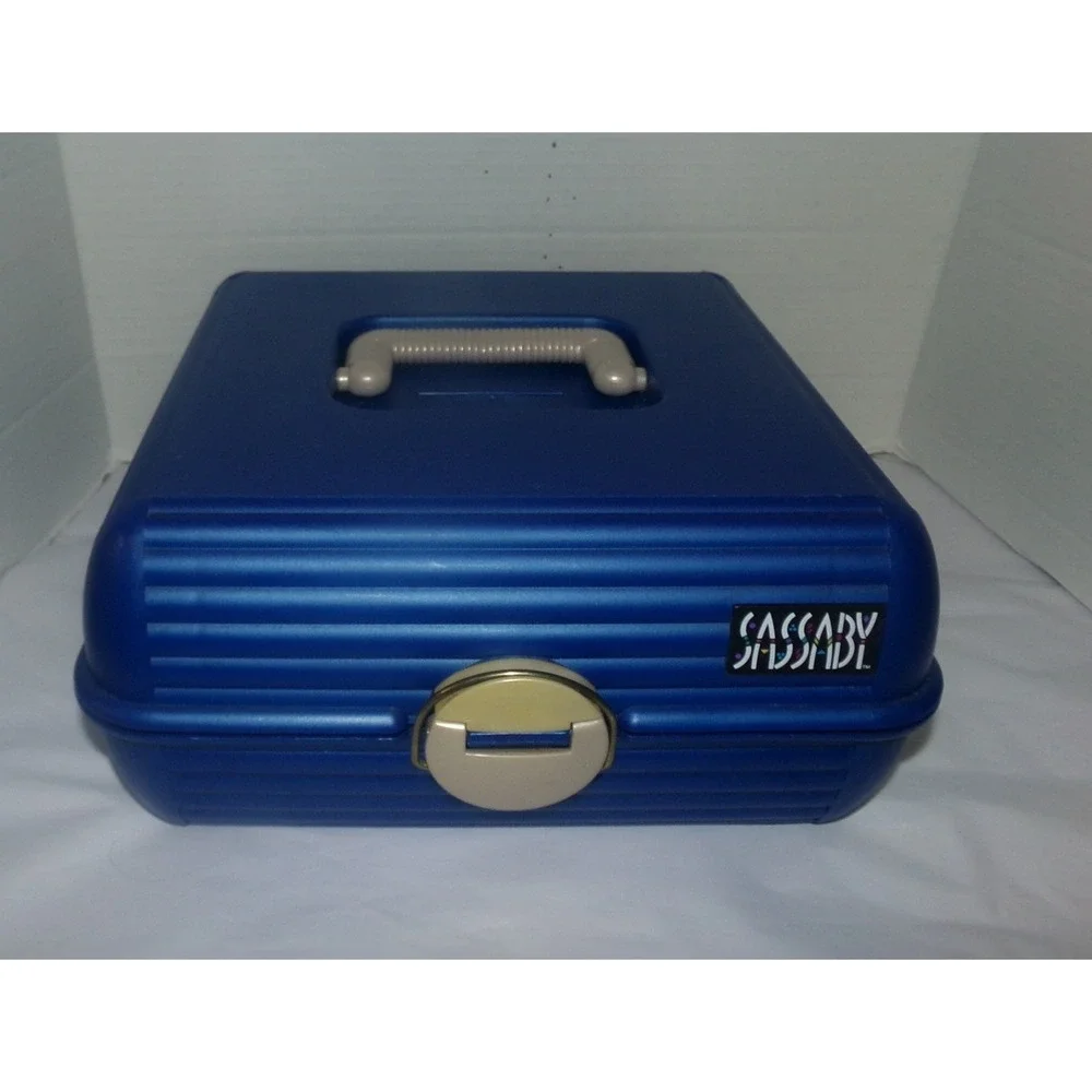 Vintage Sassaby Makeup Organizer Box Blue Hard Plastic Vanity Case Mirror 90s